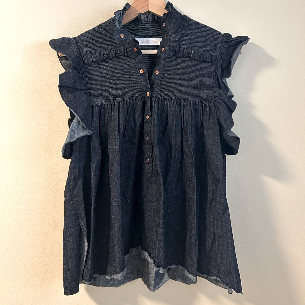 See By Chloe smocked denim top